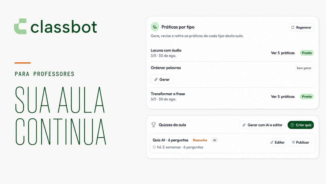 Composição da classbot para professores com práticas por tipo e um quiz em revisão.