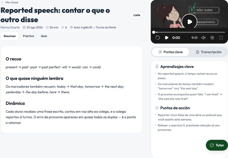 Resumen de clase con transcripción, aprendizajes y puntos de acción.