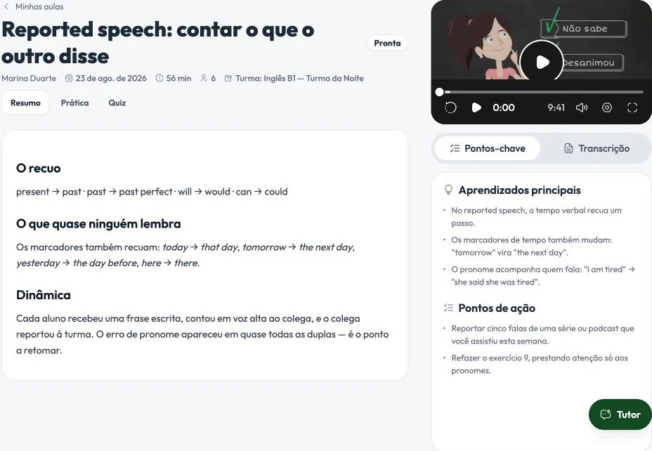 Resumo de aula com transcrição, aprendizados e pontos de ação.