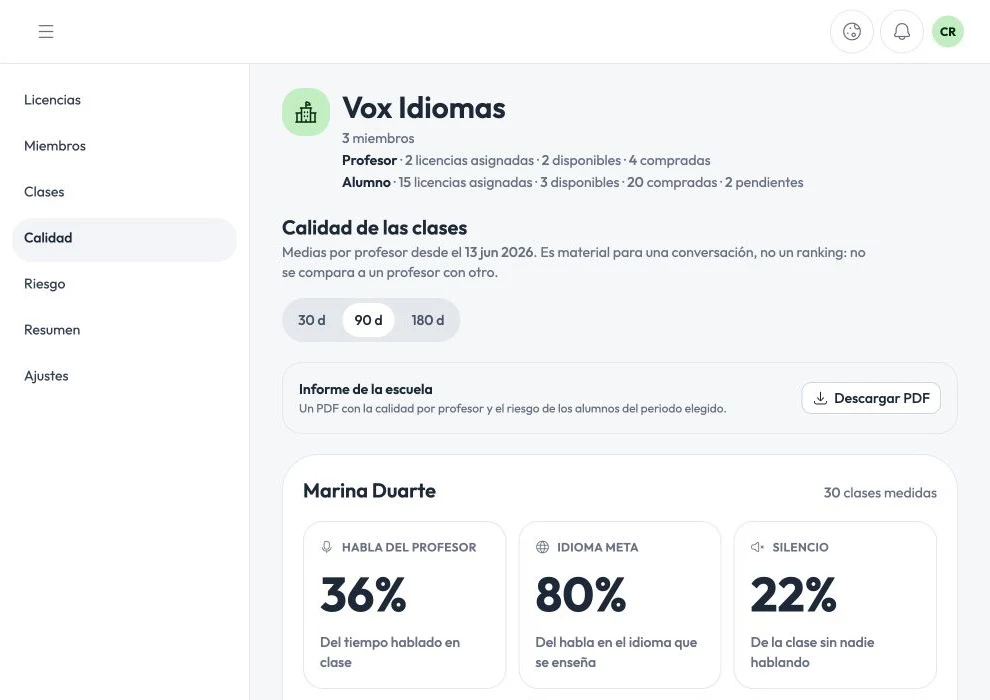 Ficha de calidad con datos de demostración.